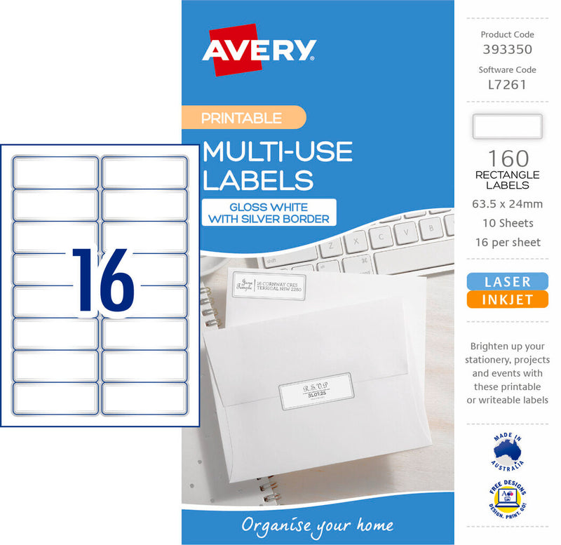 Avery Multi Use Labels With Silver Border 10 Pack 63.5x24mm Laser Inkjet 16UP