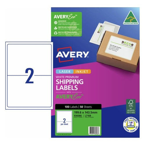AveryEco White Address and Shipping Inkjet Labels J8168 50 Pack 199.6 x 143.5mm 2UP