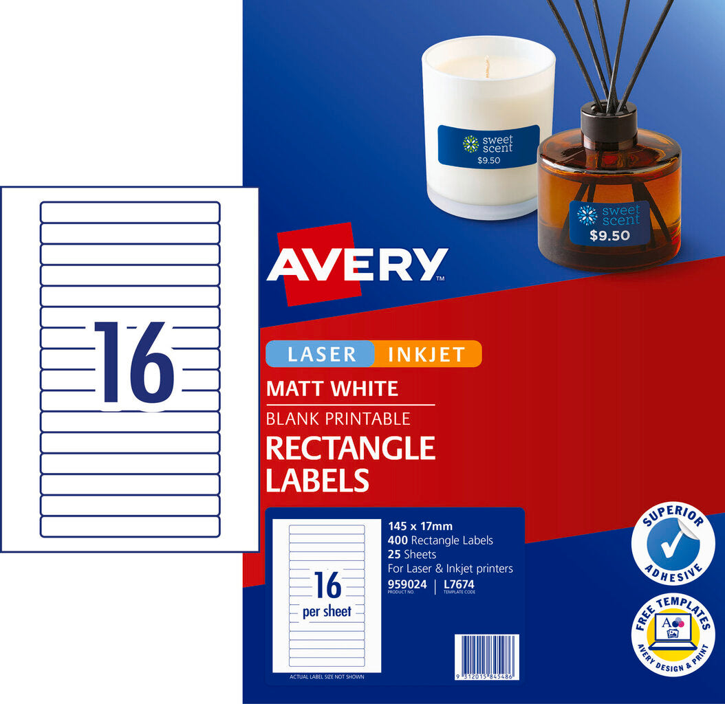 Avery White Video Spine Labels L7674 400 Pack 145 x 17mm 16UP