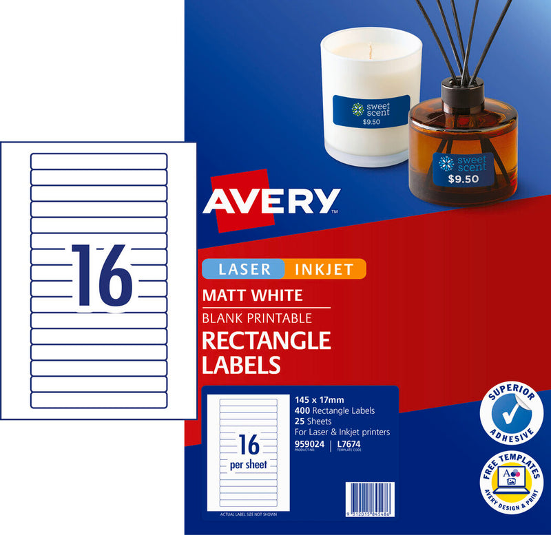 Avery White Video Spine Labels L7674 400 Pack 145 x 17mm 16UP