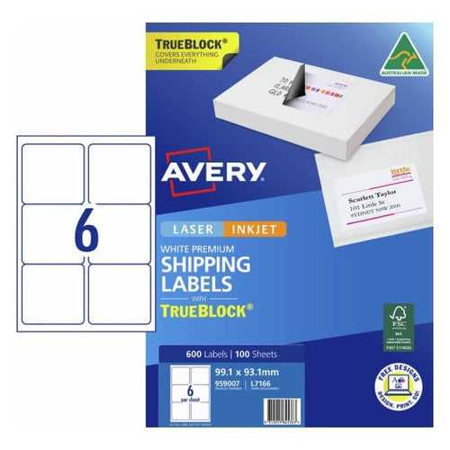 Avery L7166 Laser TrueBlock Shipping Labels 99.1 x 93.1mm 100 Pack 6UP