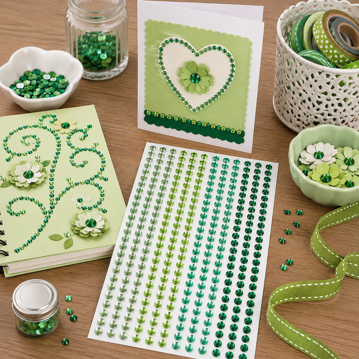 Educational Colours Mixed Adhesive Gems Green sheet displayed among coordinated craft projects, including a decorated notebook and handmade heart card, demonstrating pale, lime, turquoise green and deep green gems used for floral patterns and borders.