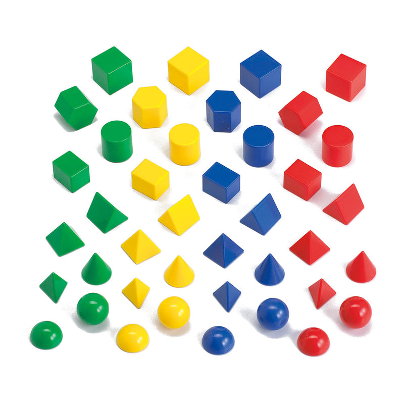 Forty small plastic geometric solids laid out in green, yellow, blue and red columns, with cubes, prisms, cylinders, pyramids, cones, spheres and hemispheres