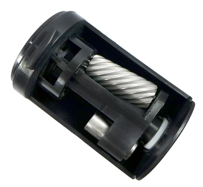 Bostitch EPS11K replacement cutter cartridge seen from an angle, a black housing open along one side showing the spiral steel cutter and its end bearing