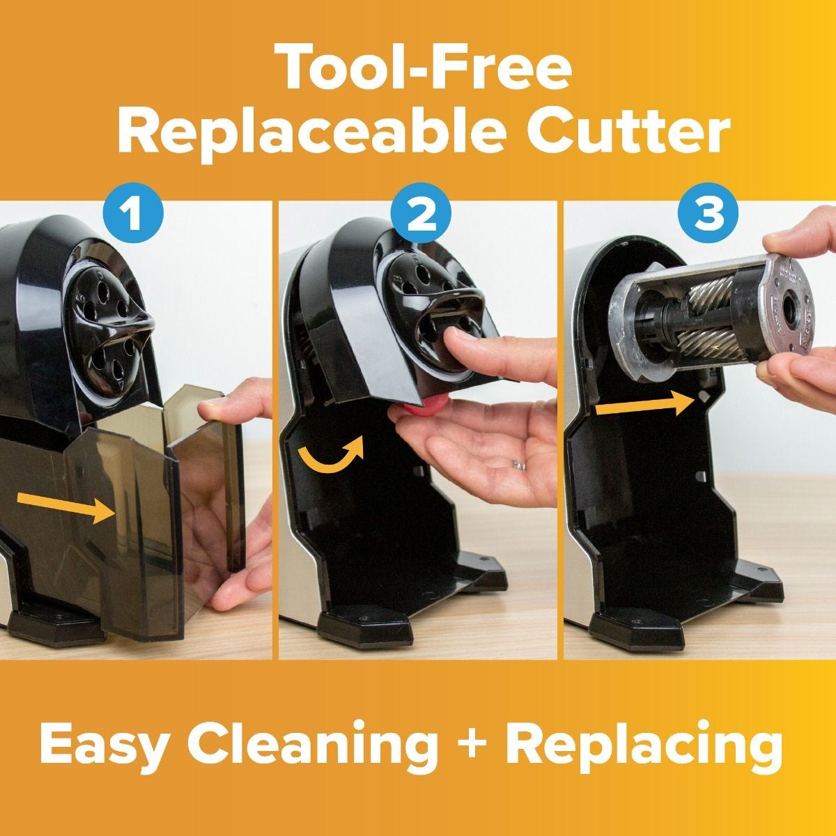 Bostitch graphic headed Tool-Free Replaceable Cutter with three numbered photos of the EPS14HC: shavings tray pulled out, cutter released, cutter cartridge drawn out