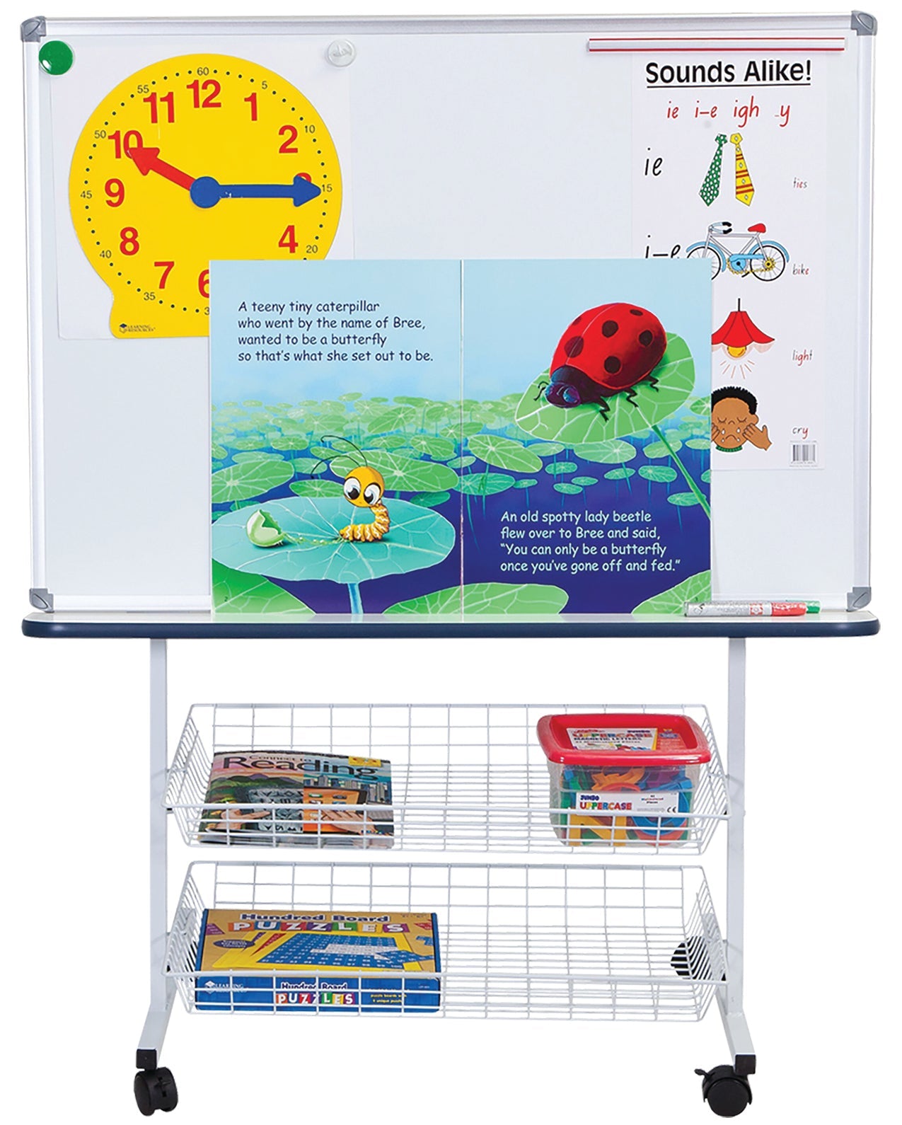 Literacy Centre Mobile Porcelain Whiteboard 100 x 70cm Big Book Bin Baskets-1