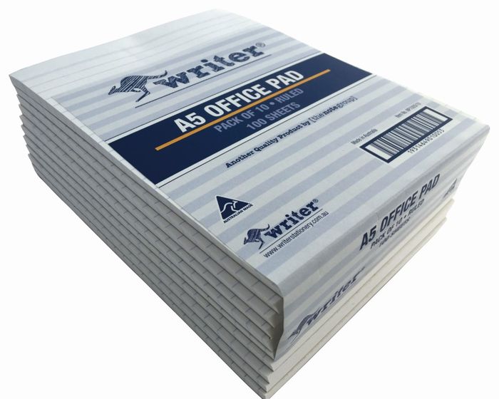 Writer Bank Office Pad Ruled 100 Sheet A5 200x150mm Pack 10 — front view