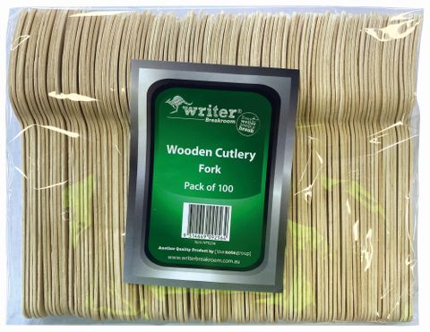 Pack of 100 wooden cutlery forks with a green label on a white background