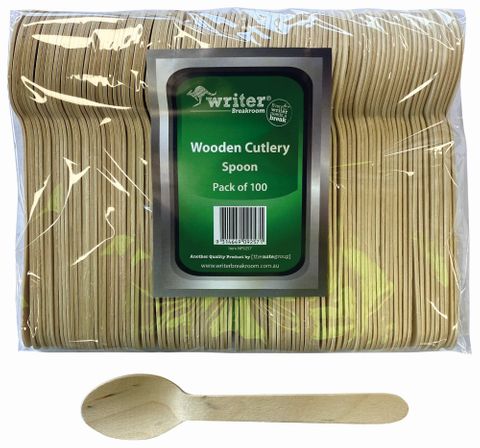 Pack of 100 wooden cutlery spoons with a visible brand label.