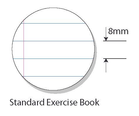 Diagram of a standard exercise book with grid lines and dimensions.