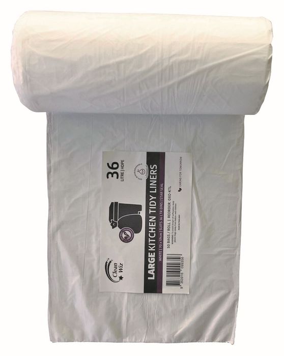 The Note Group Clean Wiz Oxo-Biodegradable Kitchen Tidy Liners Large 36L White Pack of 50 Box of 20-4