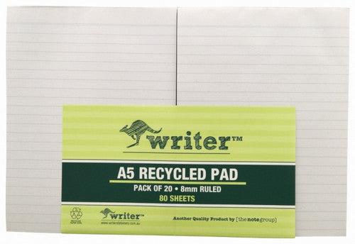 Writer Recycled Ruled Notepad 80 Sheet A5 200x150mm Pack 20