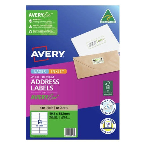 AveryEco Quick Peel Address Labels with Sure Feed L7163 10 Pack 99.1 x 38.1mm Laser Inkjet White