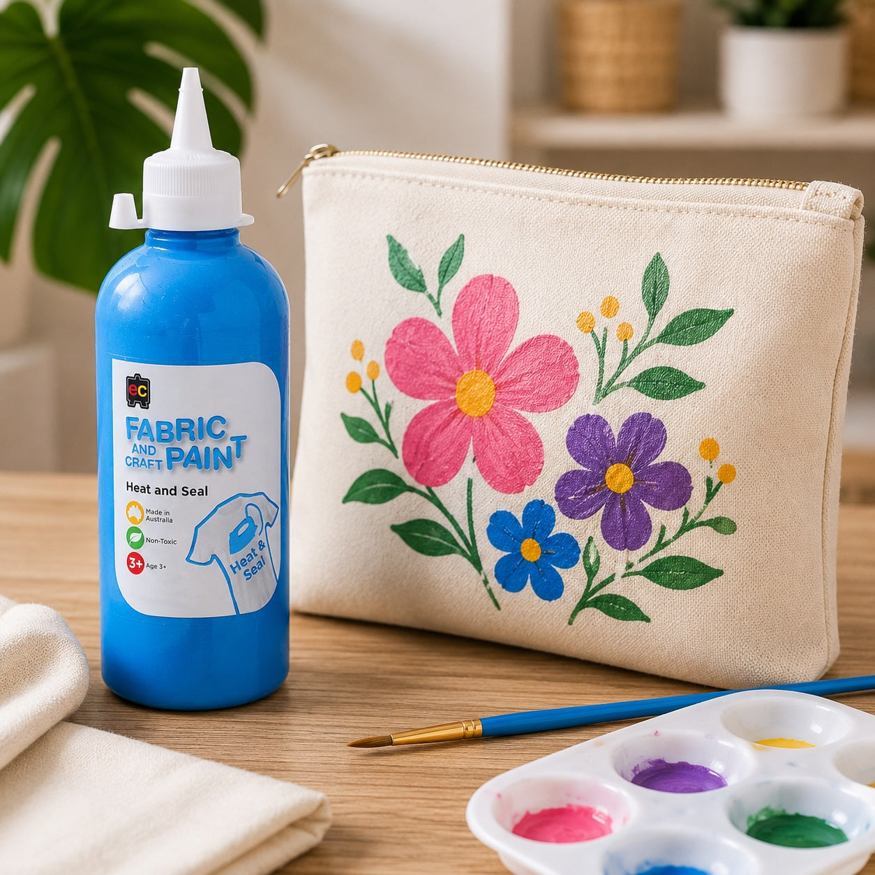Fabric paint bottle, pouch with floral design, and paint palette on a wooden surface.