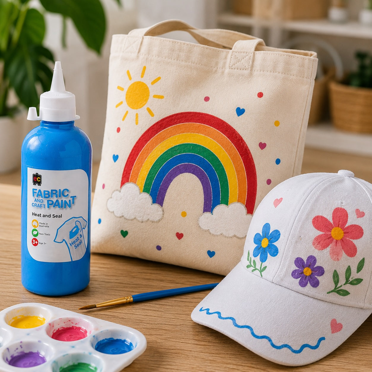 Fabric paint bottle, tote bag with rainbow design, and cap with floral designs on a wooden surface.