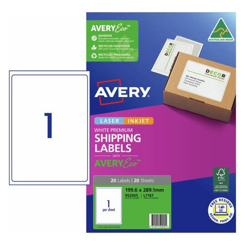 AveryEco Quick Peel Address Labels with Sure Feed L7167 20 Pack 199.6 x 289.1mm Laser White 1UP