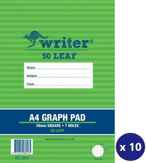 Writer A4 Graph Pad 50 Sheet 10mm Graph Loose Leaf Pack 10 — front cover