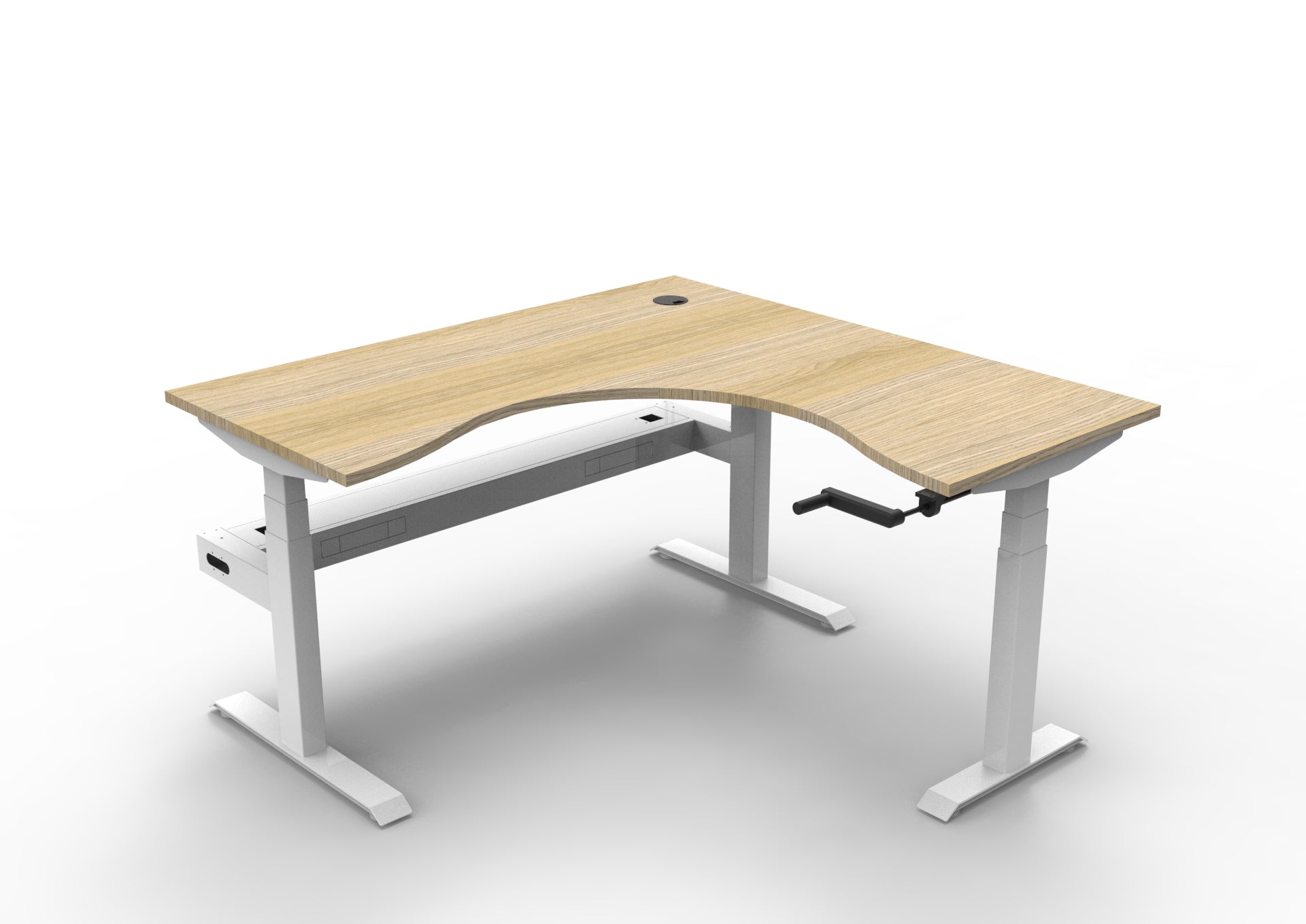 Rapidline Boost Crank manual height adjustable corner workstation, E0 rated Natural Oak top on a white satin powdercoated frame. Supplied product image for model BCCNRCT1P1515 NO/WS. View 1.