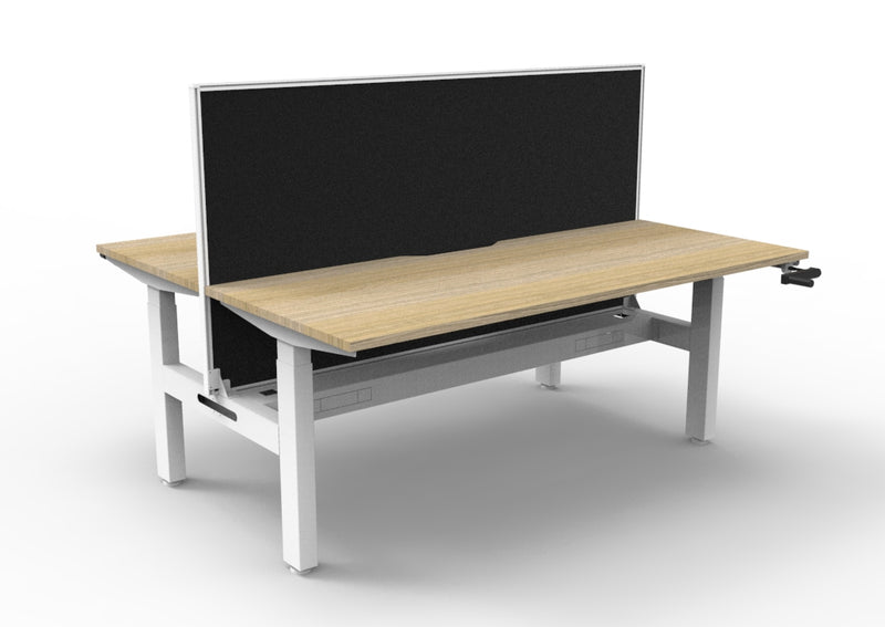 Rapidline Boost Crank manual height adjustable back to back workstation, E0 rated Natural Oak top on a white satin powdercoated frame. Supplied product image for model BC2PWSCT1875 NO/WS. View 1.