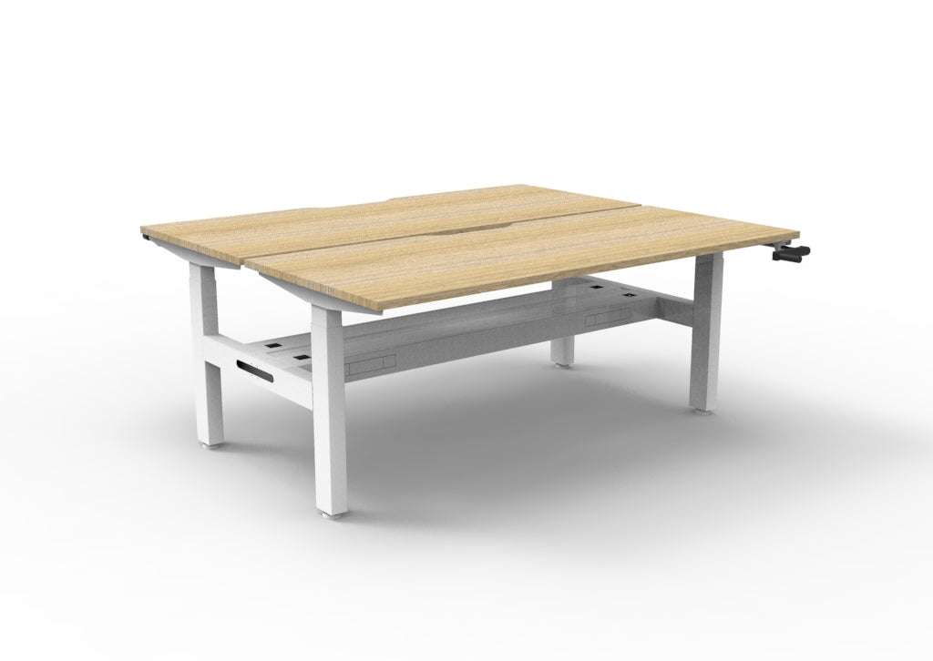 Rapidline Boost Crank manual height adjustable back to back workstation, E0 rated Natural Oak top on a white satin powdercoated frame. Supplied product image for model BC2PCT1875 NO/WS. View 1.
