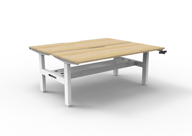 Rapidline Boost Crank manual height adjustable back to back workstation, E0 rated Natural Oak top on a white satin powdercoated frame. Supplied product image for model BC2PCT1875 NO/WS. View 1.