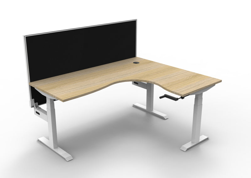 Rapidline Boost Crank manual height adjustable corner workstation, E0 rated Natural Oak top on a white satin powdercoated frame. Supplied product image for model BCCNRWS1P1815 NO/WS. View 1.