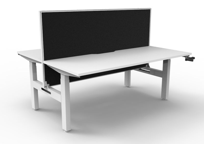 Rapidline Boost Crank manual height adjustable back to back workstation, E0 rated Natural White top on a white satin powdercoated frame. Supplied product image for model BC2PWS1575 NW/WS. View 1.
