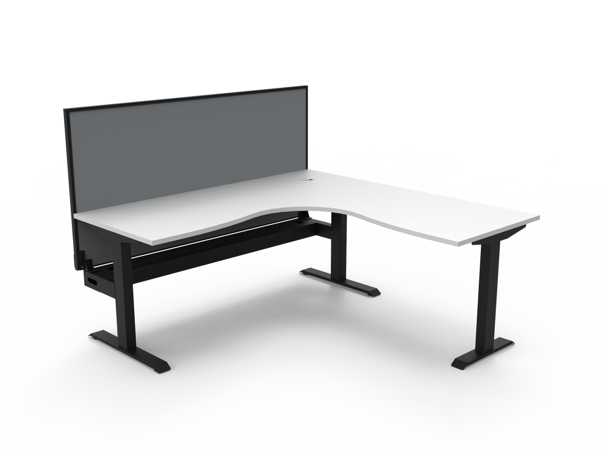 Rapidline Boost Static fixed height corner workstation, E0 rated Natural White top on a black satin powdercoated frame. Supplied product image for model SBCNRWSCT1P1818 NW/BL. View 1.