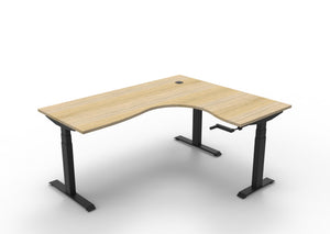 Rapidline Boost Crank manual height adjustable corner workstation, E0 rated Natural Oak top on a black satin powdercoated frame. Supplied product image for model BCCNR1P1815 NO/BL. View 1.