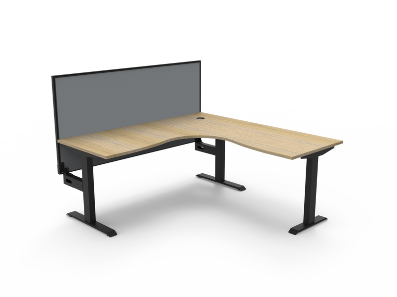 Rapidline Boost Static fixed height corner workstation, E0 rated Natural Oak top on a black satin powdercoated frame. Supplied product image for model SBCNRWS1P1818 NO/BL. View 1.