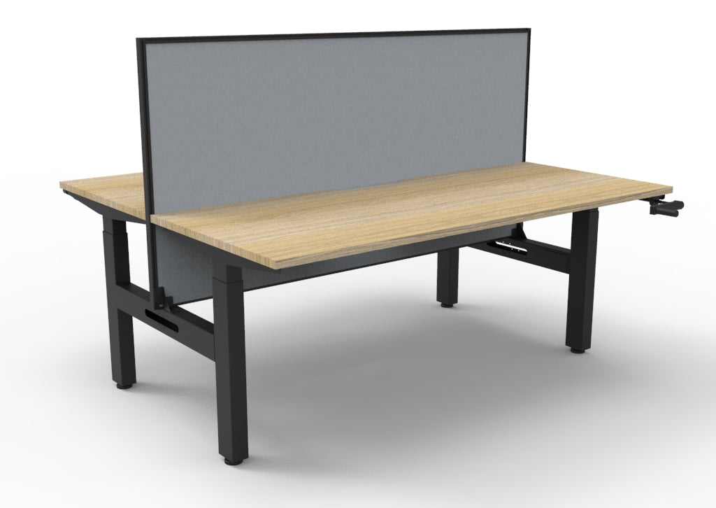 Rapidline Boost Crank manual height adjustable back to back workstation, E0 rated Natural Oak top on a black satin powdercoated frame. Supplied product image for model BC2PWS1875 NO/BL. View 1.