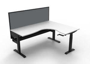Rapidline Boost Crank manual height adjustable corner workstation, E0 rated Natural White top on a black satin powdercoated frame. Supplied product image for model BCCNRWSCT1P1815 NW/BL. View 1.
