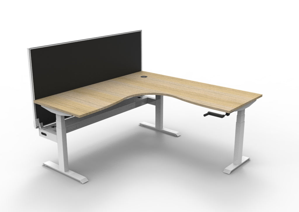 Rapidline Boost Crank manual height adjustable corner workstation, E0 rated Natural Oak top on a white satin powdercoated frame. Supplied product image for model BCCNRWSCT1P1818 NO/WS. View 1.