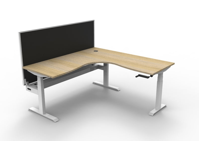Rapidline Boost Crank manual height adjustable corner workstation, E0 rated Natural Oak top on a white satin powdercoated frame. Supplied product image for model BCCNRWSCT1P1818 NO/WS. View 1.