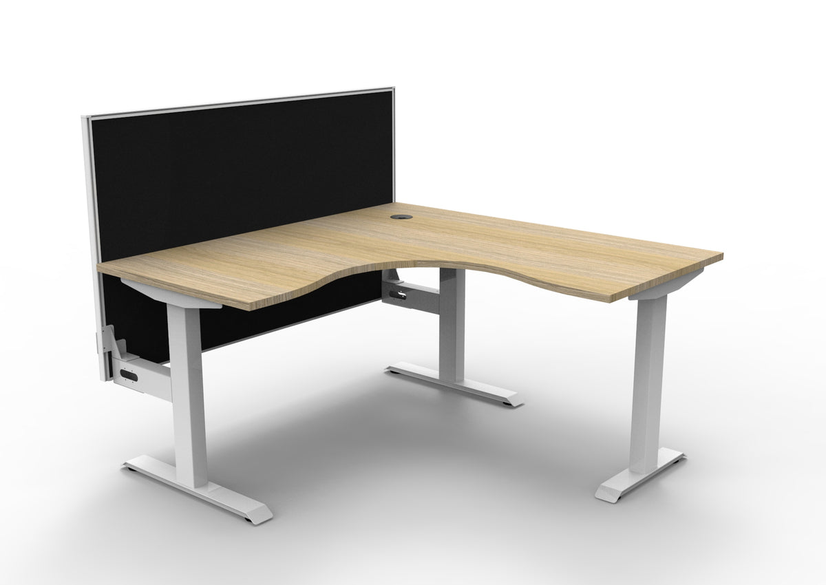 Rapidline Boost Static fixed height corner workstation, E0 rated Natural Oak top on a white satin powdercoated frame. Supplied product image for model SBCNRWS1P1515 NO/WS. View 1.