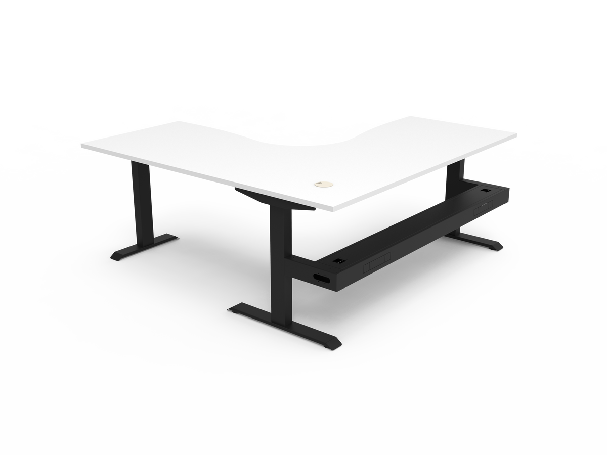Rapidline Boost Static fixed height corner workstation, E0 rated Natural White top on a black satin powdercoated frame. Supplied product image for model SBCNRCT1P1818 NW/BL. View 2.