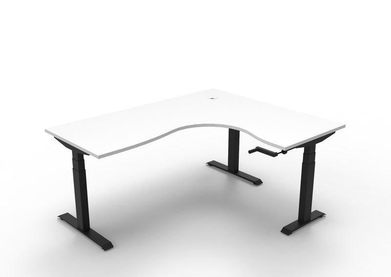 Rapidline Boost Crank manual height adjustable corner workstation, E0 rated Natural White top on a black satin powdercoated frame. Supplied product image for model BCCNR1P1815 NW/BL. View 1.