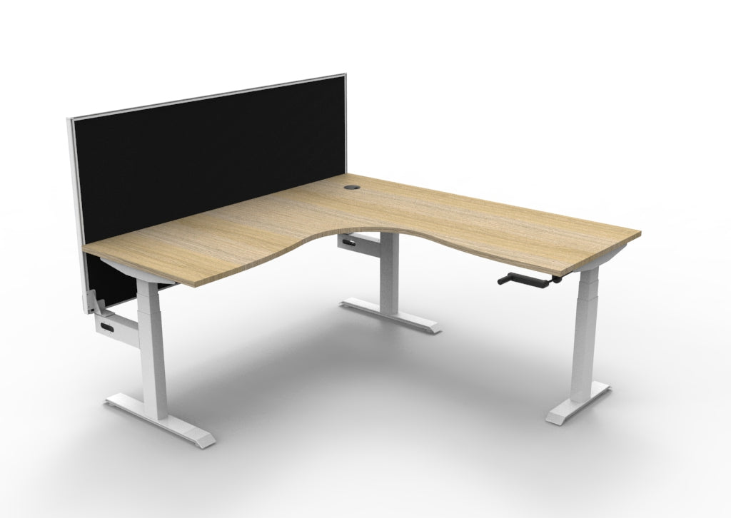 Rapidline Boost Crank manual height adjustable corner workstation, E0 rated Natural Oak top on a white satin powdercoated frame. Supplied product image for model BCCNRWS1P1818 NO/WS. View 1.