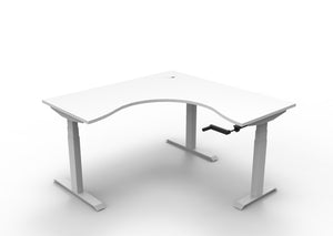 Rapidline Boost Crank manual height adjustable corner workstation, E0 rated Natural White top on a white satin powdercoated frame. Supplied product image for model BCCNR1P1515 NW/WS. View 1.
