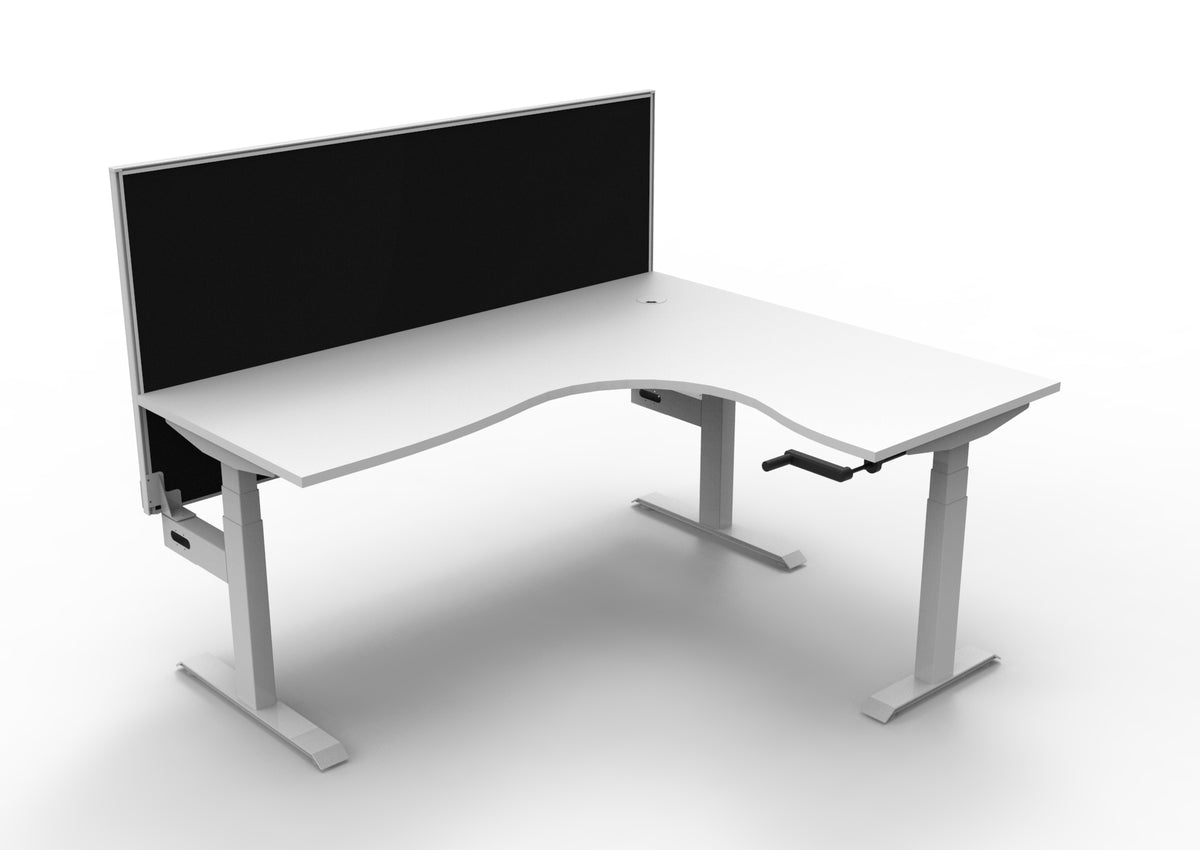Rapidline Boost Crank manual height adjustable corner workstation, E0 rated Natural White top on a white satin powdercoated frame. Supplied product image for model BCCNRWS1P1815 NW/WS. View 1.