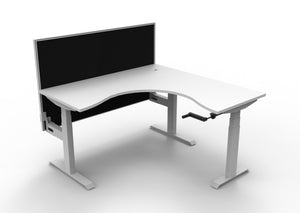 Rapidline Boost Crank manual height adjustable corner workstation, E0 rated Natural White top on a white satin powdercoated frame. Supplied product image for model BCCNRWS1P1515 NW/WS. View 1.