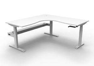 Rapidline Boost Crank manual height adjustable corner workstation, E0 rated Natural White top on a white satin powdercoated frame. Supplied product image for model BCCNRCT1P1818 NW/WS. View 1.