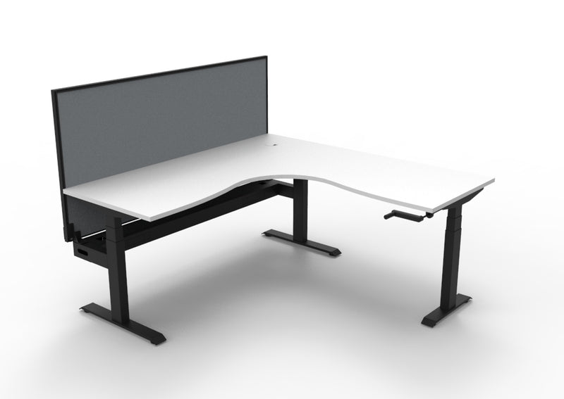 Rapidline Boost Crank manual height adjustable corner workstation, E0 rated Natural White top on a black satin powdercoated frame. Supplied product image for model BCCNRWSCT1P1818 NW/BL. View 1.