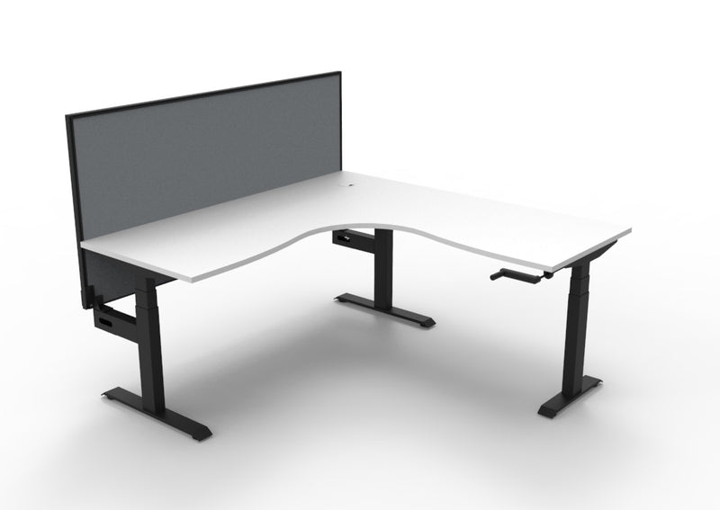 Rapidline Boost Crank manual height adjustable corner workstation, E0 rated Natural White top on a black satin powdercoated frame. Supplied product image for model BCCNRWS1P1818 NW/BL. View 1.