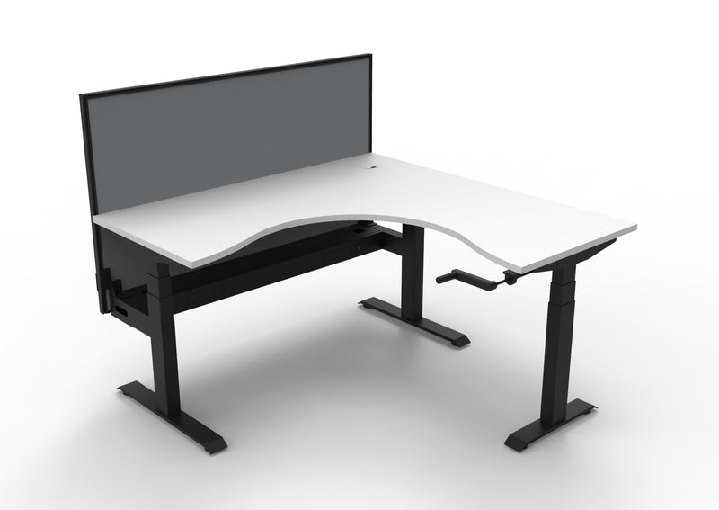 Rapidline Boost Crank manual height adjustable corner workstation, E0 rated Natural White top on a black satin powdercoated frame. Supplied product image for model BCCNRWSCT1P1515 NW/BL. View 1.