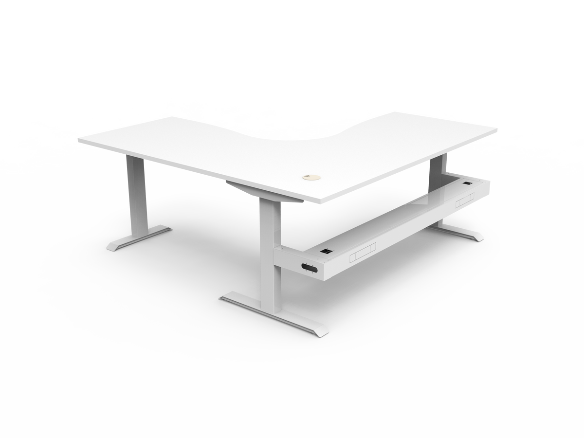 Rapidline Boost Static fixed height corner workstation, E0 rated Natural White top on a white satin powdercoated frame. Supplied product image for model SBCNRCT1P1818 NW/WS. View 2.