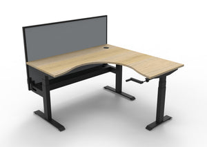 Rapidline Boost Crank manual height adjustable corner workstation, E0 rated Natural Oak top on a black satin powdercoated frame. Supplied product image for model BCCNRWSCT1P1515 NO/BL. View 1.