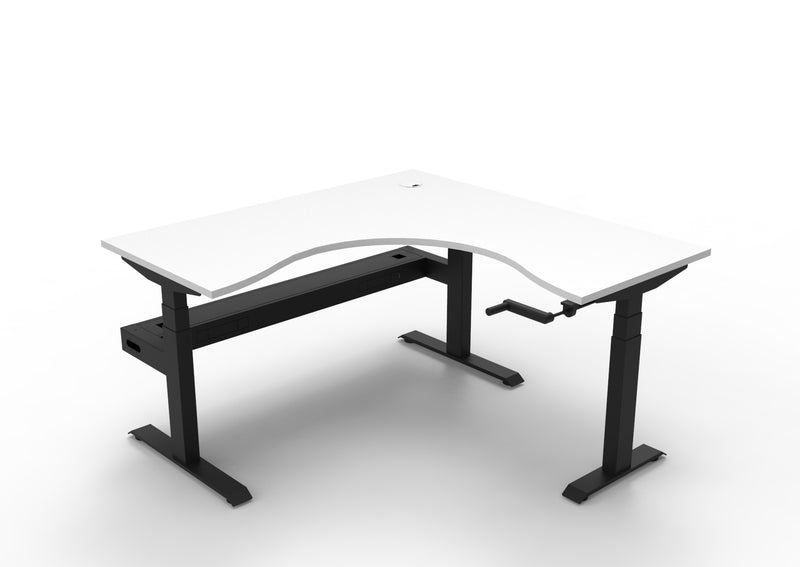 Rapidline Boost Crank manual height adjustable corner workstation, E0 rated Natural White top on a black satin powdercoated frame. Supplied product image for model BCCNRCT1P1515 NW/BL. View 1.