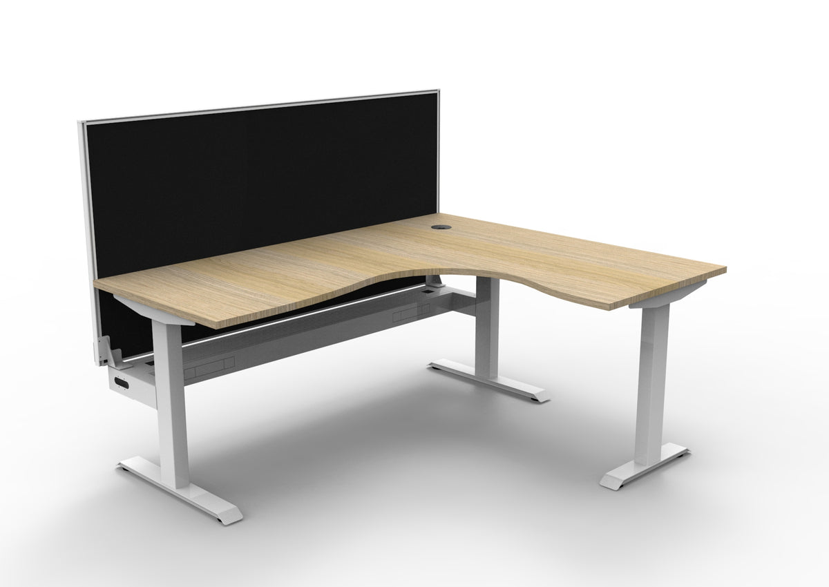 Rapidline Boost Static fixed height corner workstation, E0 rated Natural Oak top on a white satin powdercoated frame. Supplied product image for model SBCNRWSCT1P1815 NO/WS. View 1.
