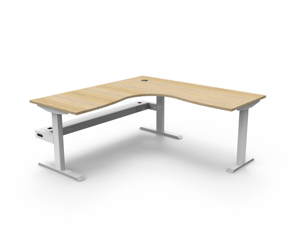 Rapidline Boost Static fixed height corner workstation, E0 rated Natural Oak top on a white satin powdercoated frame. Supplied product image for model SBCNRCT1P1818 NO/WS. View 1.